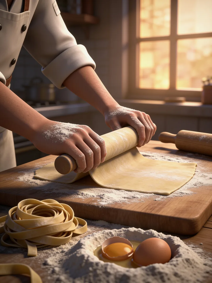 Mani infarinate stendono la pasta fresca