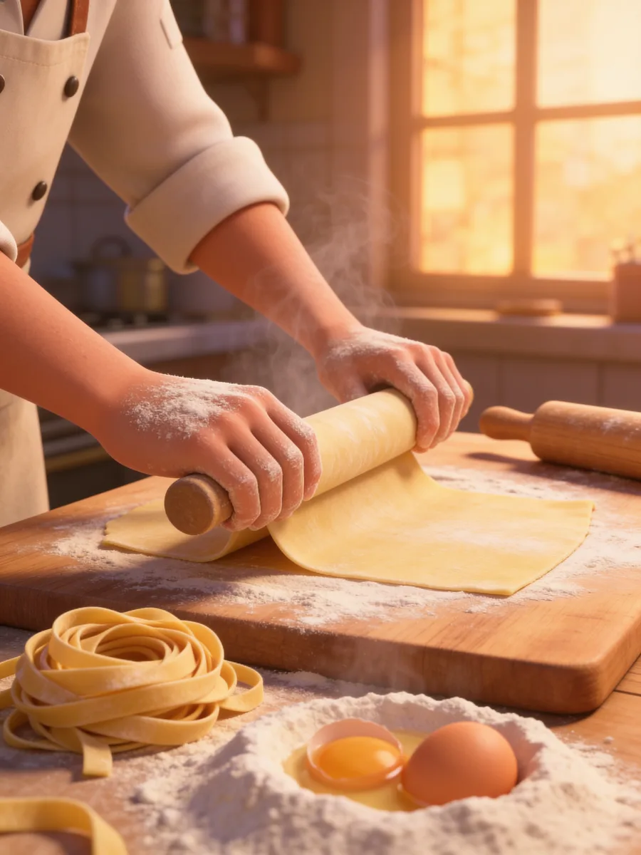 Mani infarinate stendono la pasta fresca